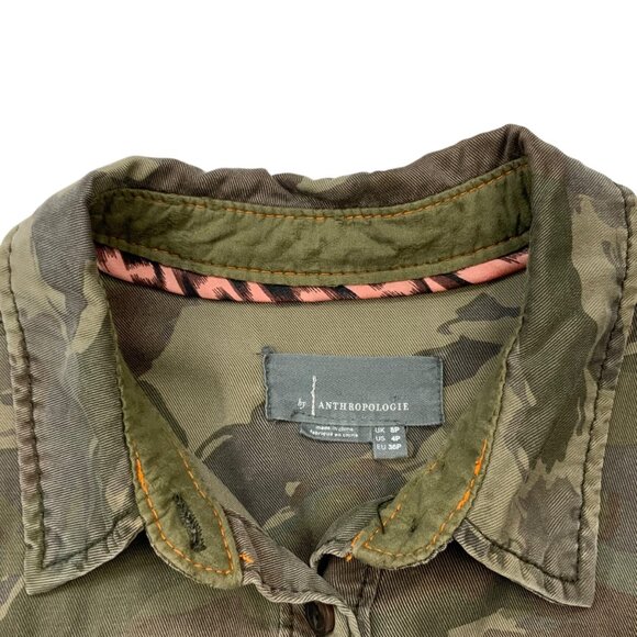 Anthropologie Montana Camo Buttondown Blouse 4P Petite Green Long Sleeve Fall - Picture 4 of 12